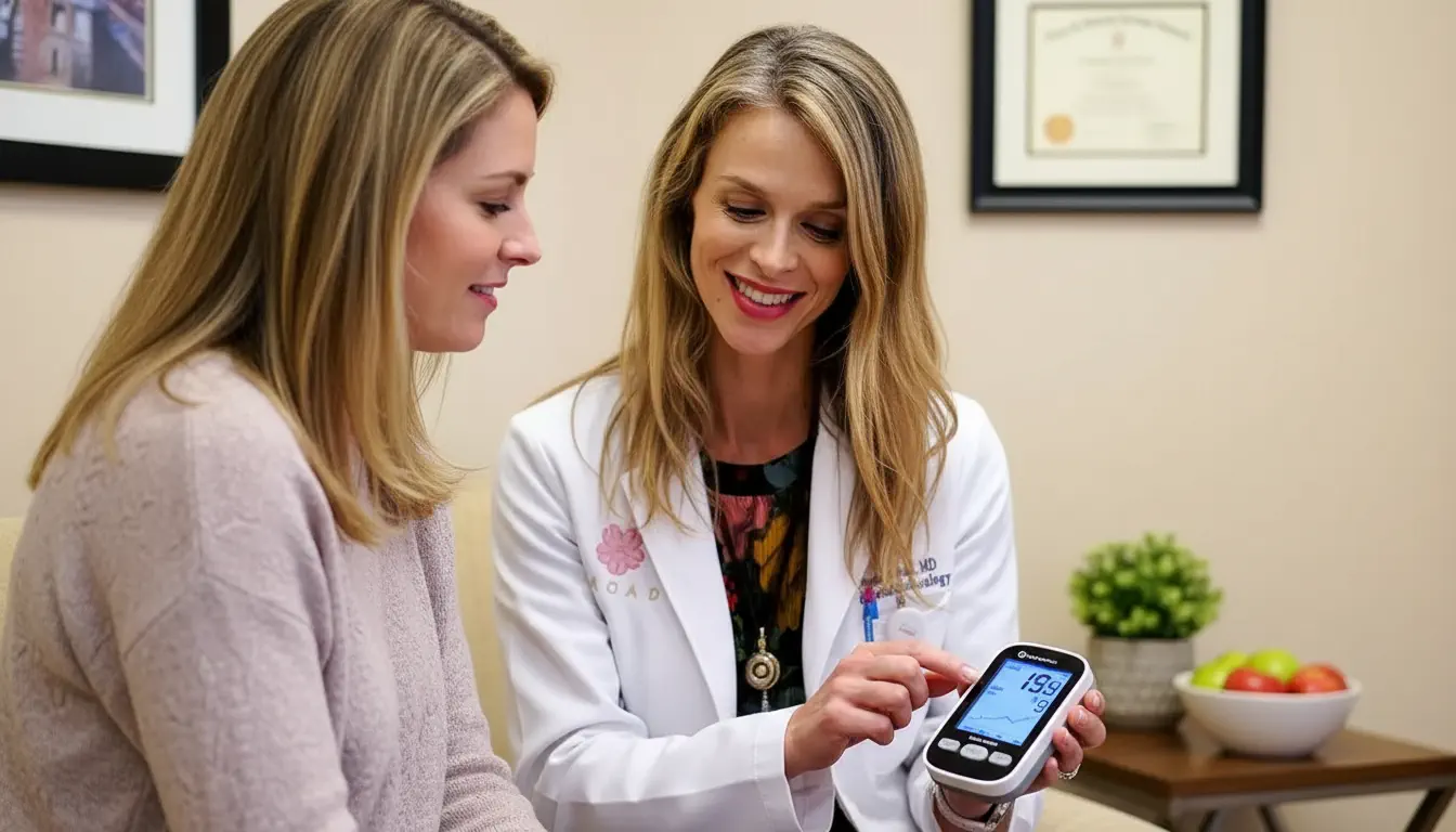 Pregnant woman reviewing blood glucose log with her OBGYN at Broad Medical Group in Newport Beach